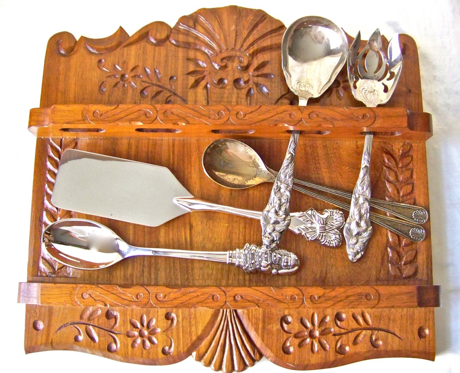 Antique Serving Spoons and Display Rack Hand Carved Walnut