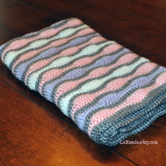 Items similar to Baby Wave Afghan Pink Purple White Grey Gray Crochet ...