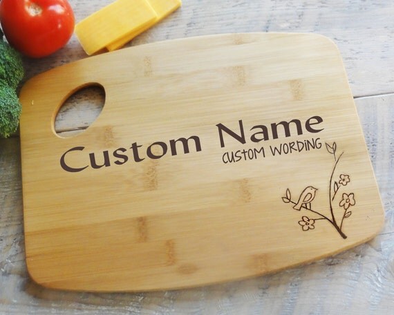 Personalized Cutting Board Wood burned Bird on Branch Design