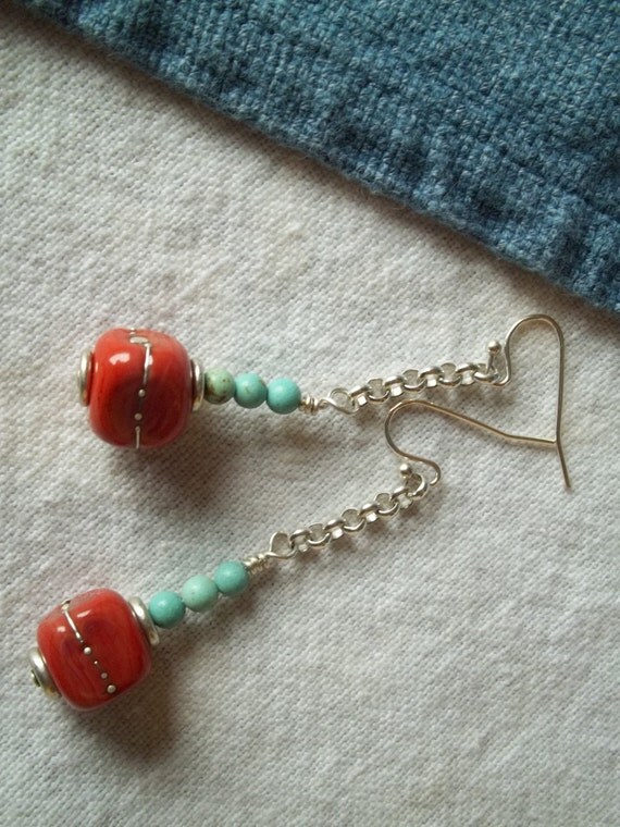 Southwest Boho ChicTurquoise and Coral Colored Lampwork Country Chic Western Dangle Drop Boho Earrings