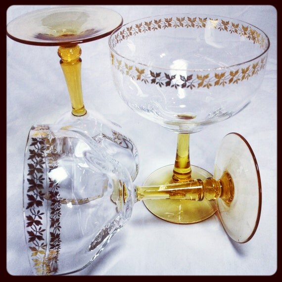 Vintage Champagne Glasses Art Deco style Gold leaf trim