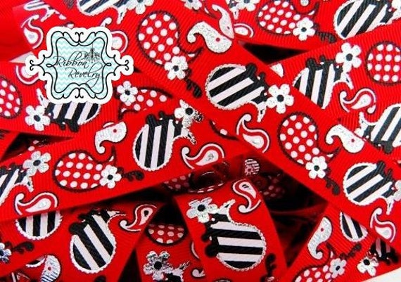 Radiant Red Paisley with silver foil 7/8" grosgrain ribbon Il_570xn