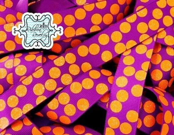 Tangerine glitter silly dots printed on purple 7/8" grosgrain ribbon-High Quality Il_570xn