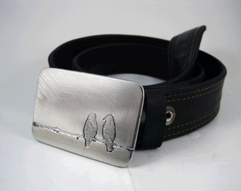 Two Birds on a Wire Belt Buckle - Etched Stainless Steel - Handmade