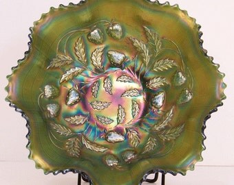 Northwood Strawberry Green Carnival Glass 9" Bowl