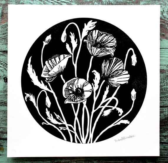 Items similar to Poppy circle screen print white and black LARGE on Etsy