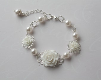 bridal bracelet - white roses and swarovski pearls - white flower bracelet - white wedding - bridesmaid gift - white rose jewelry - Canada