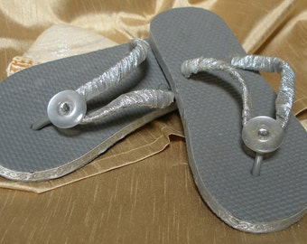 One of a Kind - Hand Decorated - Girl's Flip Flops 2/3 (gray, silver & white)