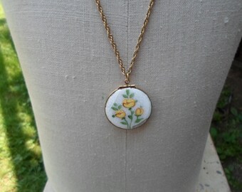 Vintage Guilloche White With Yellow Flowers Enamel Locket Gold Tone ...