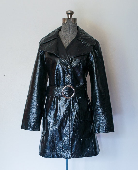 RESERVED Vintage 1960s Trench Coat Black Patent