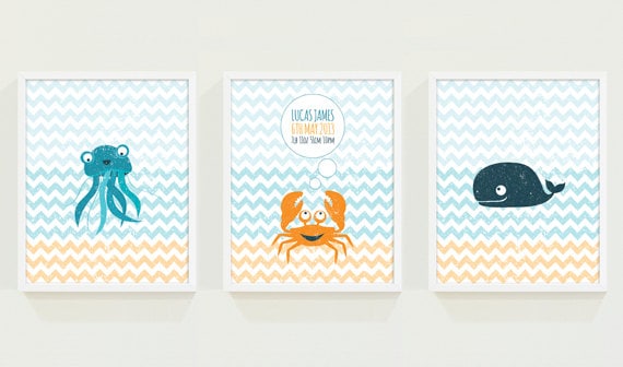 Set of 3 Personalised Birth Details Childs 8"x10" Prints - Under the Sea Il_570xn