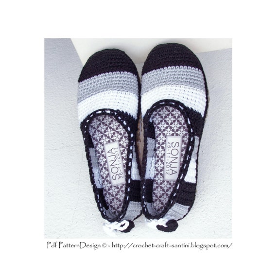 Black & White ESPADRILLES/TOMS - Slippers with Hearts - Crochet Pattern - Instant Download