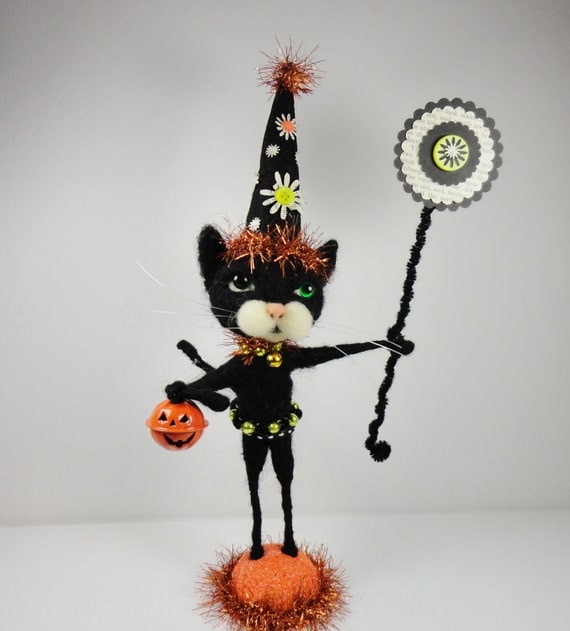 Halloween Black Wizard cat Kitten wool needlefelted mercury glass beads orange tin pumpkin  tinsel Trick or Treat - Trickster