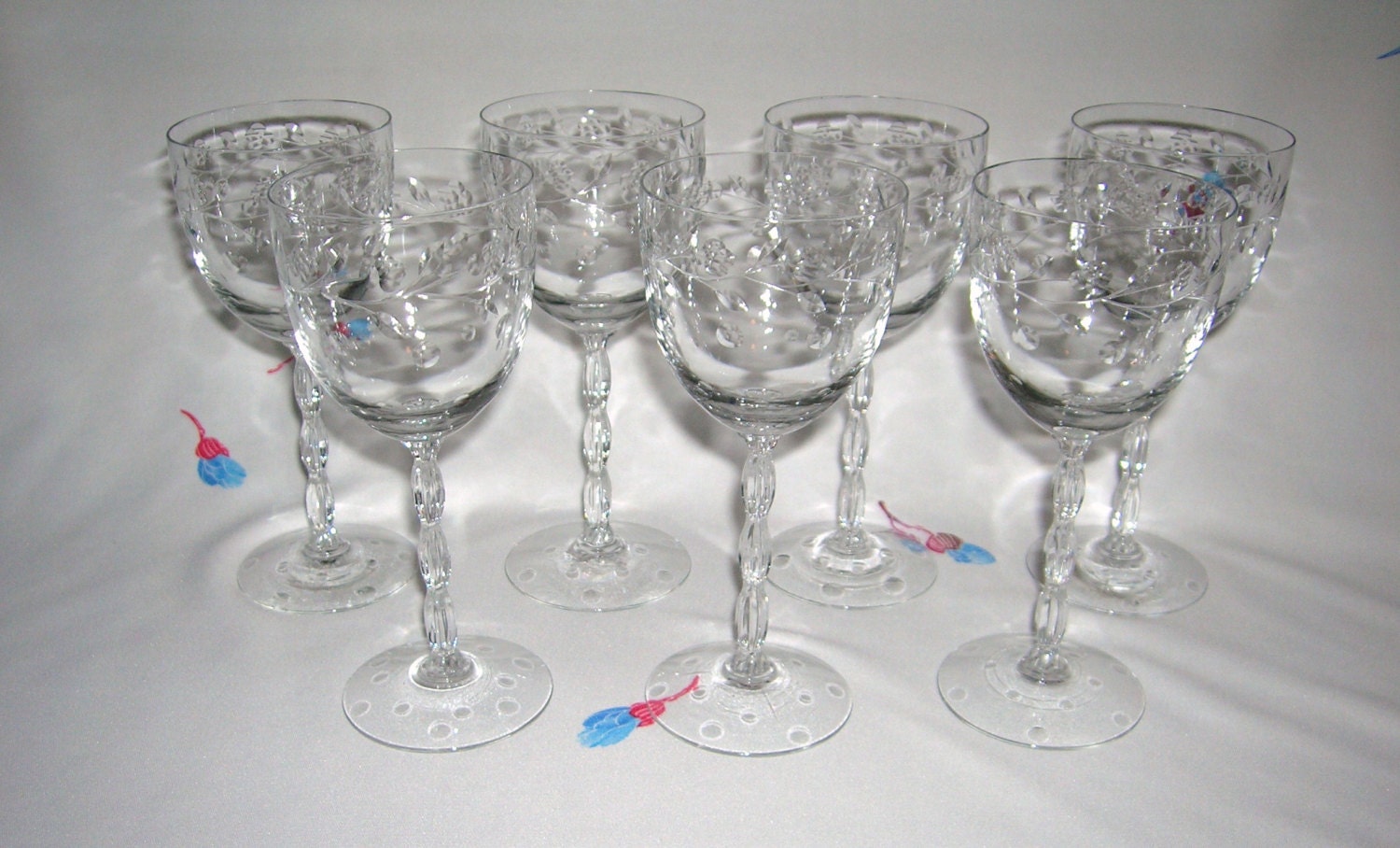 7 Vintage Fostoria Crystal Claret Wine Glasses Watercress
