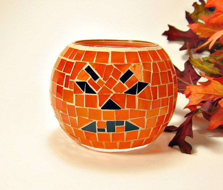 Stained glass mosaic candle holder jack o lantern pumpkin