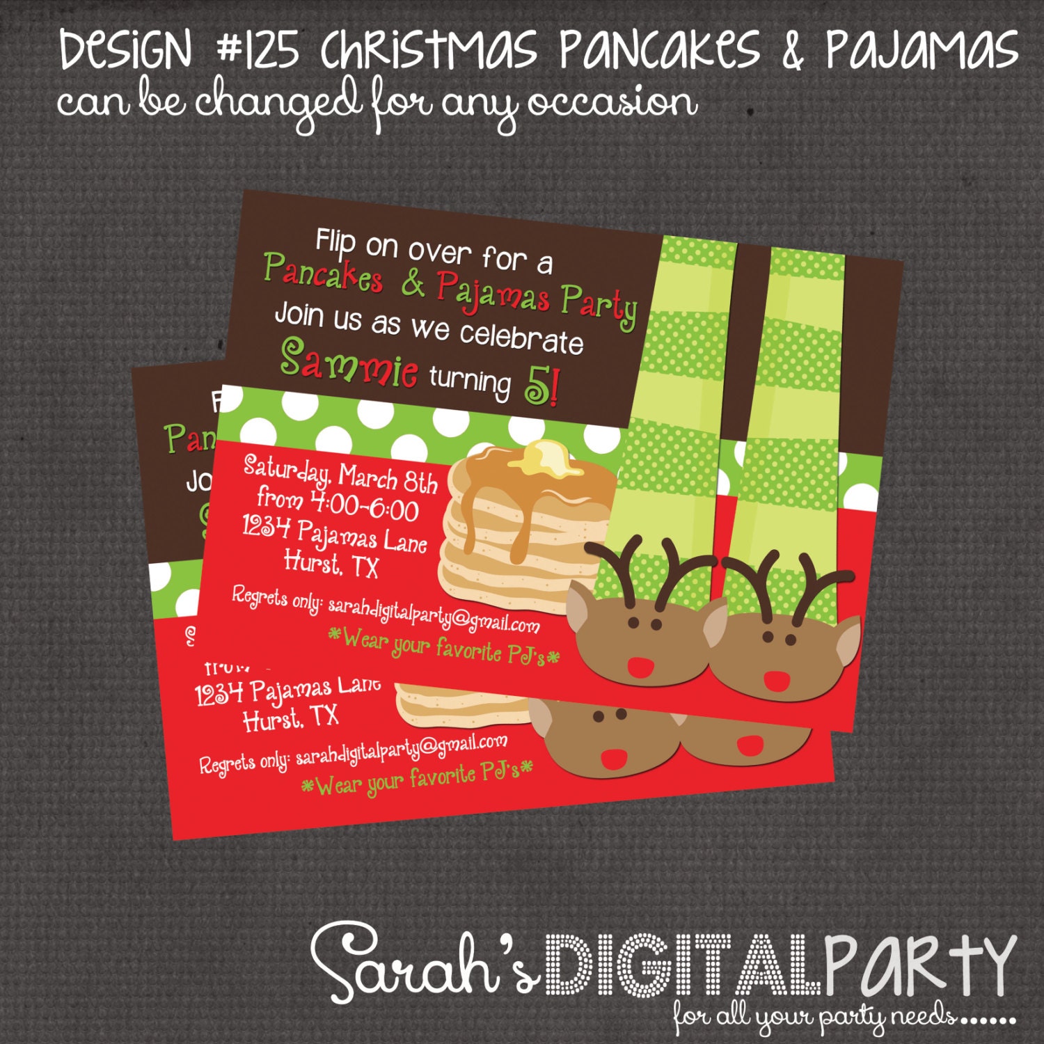 Christmas Pancakes and Pajama Party Invitation 4x6 or 5x7