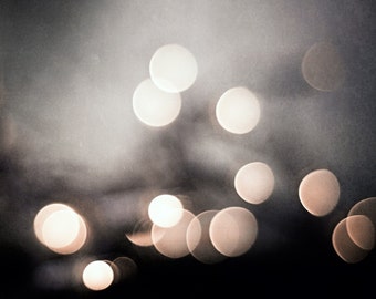 Abstract Light Photography, black white sparkle bokeh modern print circles sparkly grey gray dark photo wall art photograph, "Evening Glow"