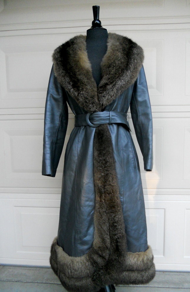 Vintage Leather Coat with Fur Trim . Midi Coat by Matt Fisher