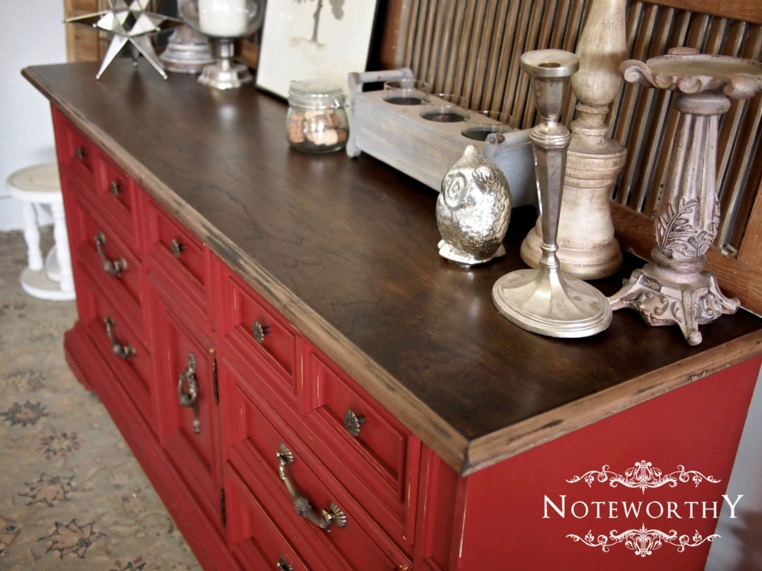 Red Distressed Buffet with Walnut Stained Top