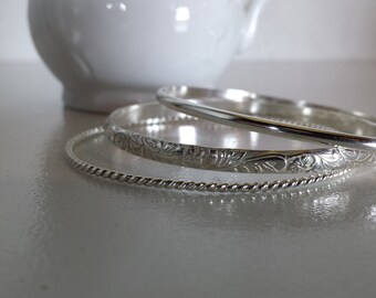 Sterling Silver Bangle Bracelets - Pattern, Set of three