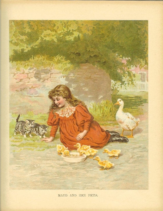 Edwardian 1900s Ernest Nister Children's Print Girl Long Curly Hair Red Dress Sits Watching Tabby Kittens Duck  Ducklings Antique Book Plate