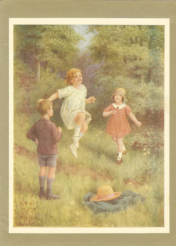 1928 Vintage Children's Print Blonde Haired Girl White DressSkipping Near Woods Boy And Girl Hold Skipping Rope Vintage Book Illustration
