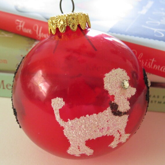 Vintage Christmas Poodles Ornament Red Glass Black and