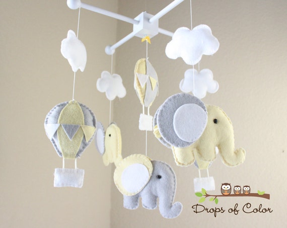 Baby Mobile - Baby Crib Mobile - Hot Air Balloons and Elephants Clouds Mobile "Up in the Air" (You Can Pick your Colors and Animals)