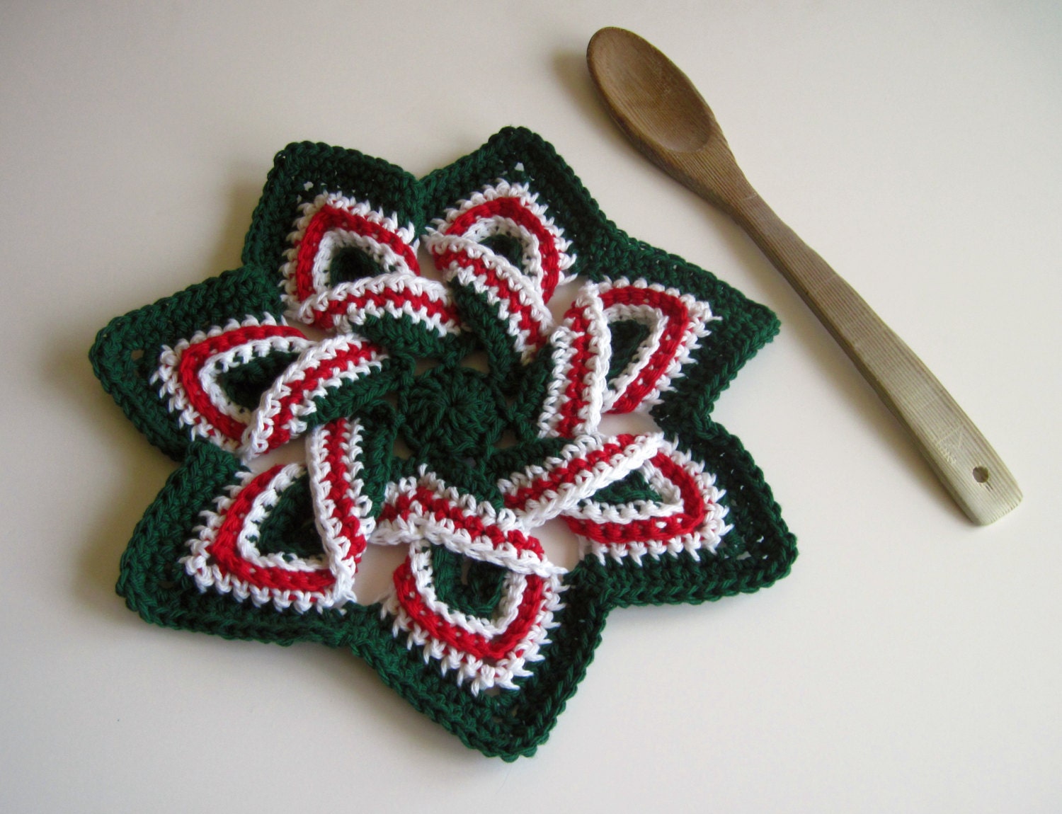 Crochet Flower Trivet Hot Pad Christmas Green Red and White