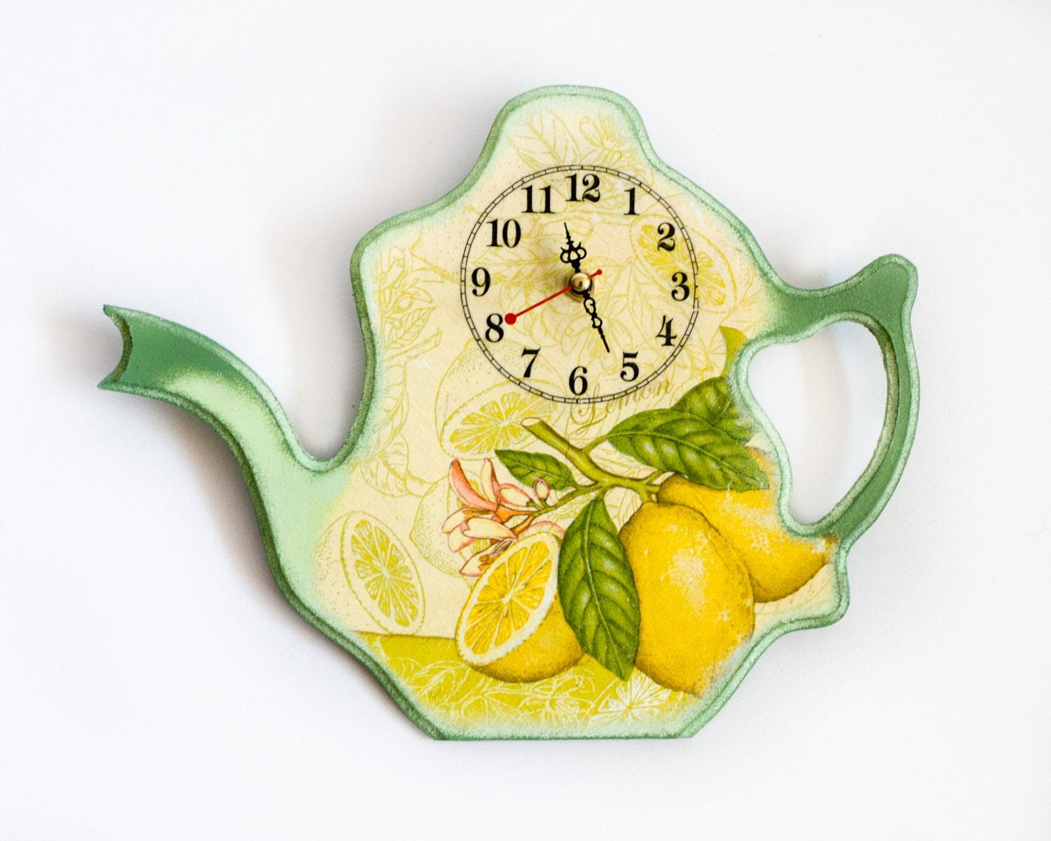 Wall Clock Kitchen Decor Lemons Yellow and Green Teapot