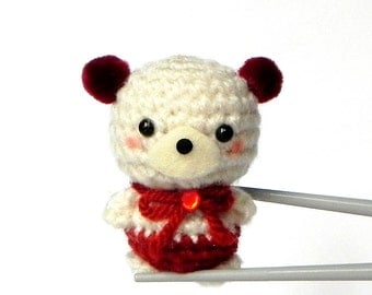 RED pom pom ears BBQ MochiQtie - Crochet Amigurumi Mochi size mini bear toy doll