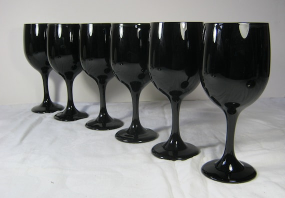 Vintage BLACK GOBLET Wine Glassware Water Glass Set/6