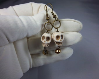 Skull Earrings, Ivory Skulls, Dangles, Skull with Sparkles, Gothic Earrings