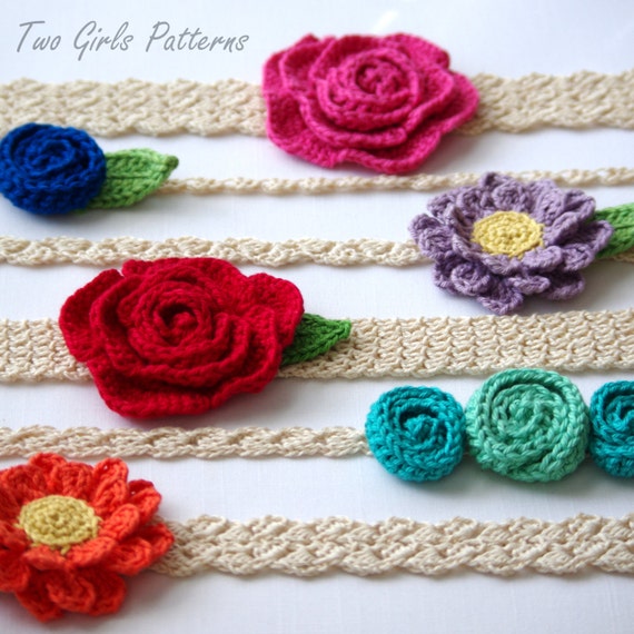 CROCHET PATTERN #216 - Six Headband patterns - 6 headbands and 3 flowers included - Ultimate flower and lace headband pack- Instant Download