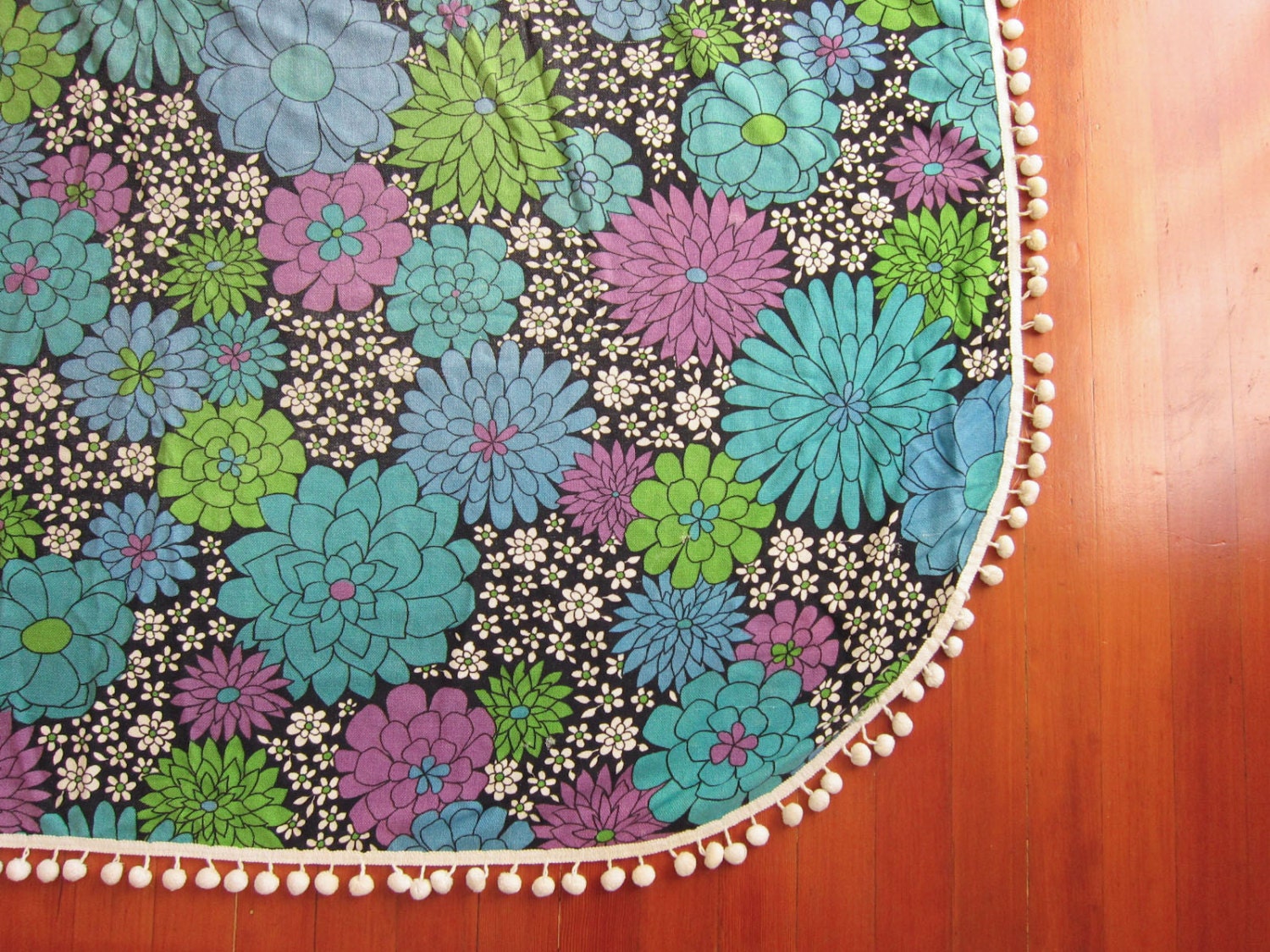 Vintage Mod Bedspread Floral Pattern Fabric with Pom by pastoria