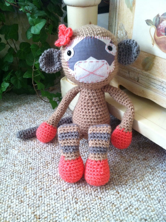 Crochet amigurumi monkey stuffed animal with fabric