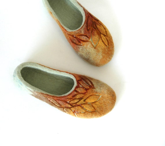 Hand felted slippers Golden Autumn natural brown yellow green
