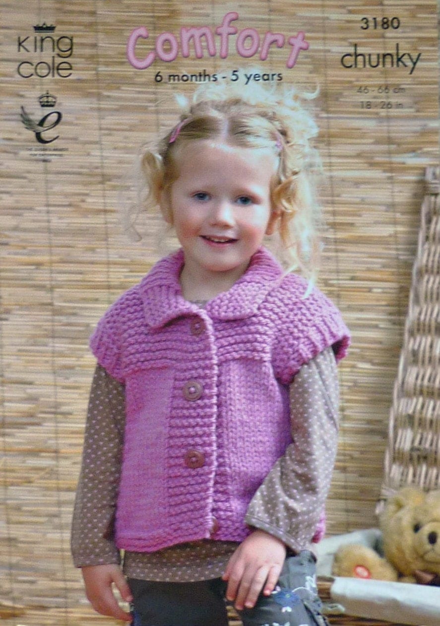 Girls Knitting Pattern K3180 Childrens Easy Knit Sleeveless Waistcoat with Co...