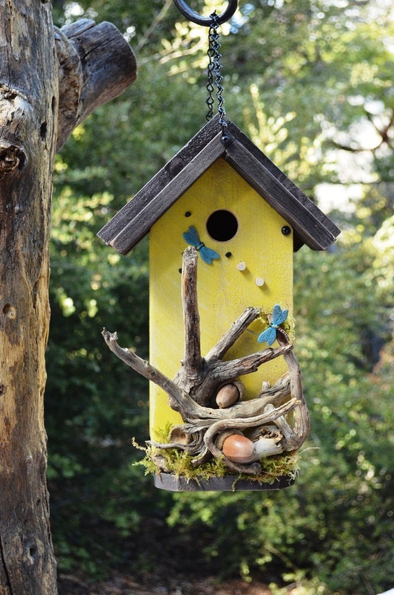 Rustic Birdhouse Handmade for Garden Birds in Yellow/Brown