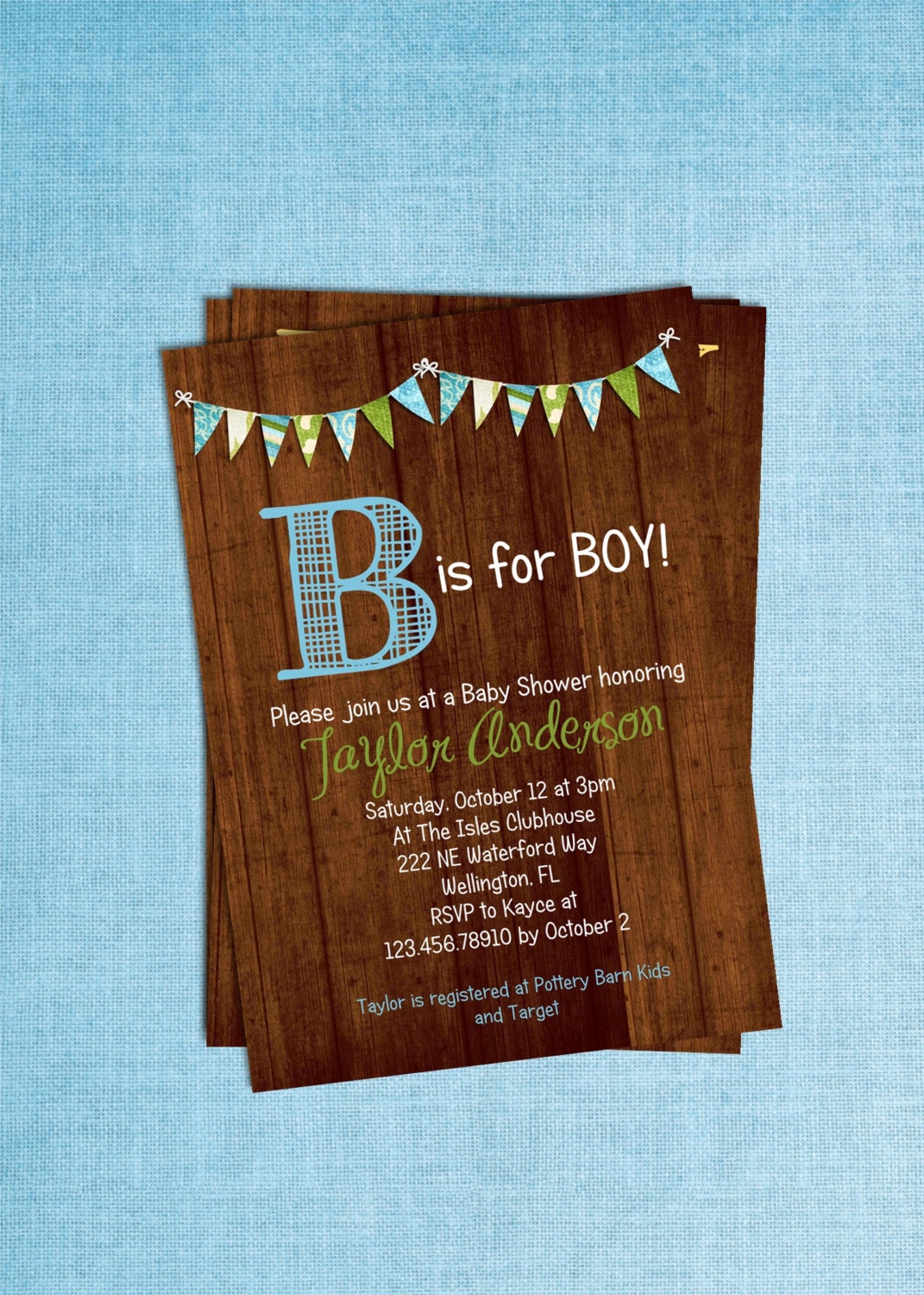 Rustic Wood Baby Boy Shower Invitation B is for Boy Printable