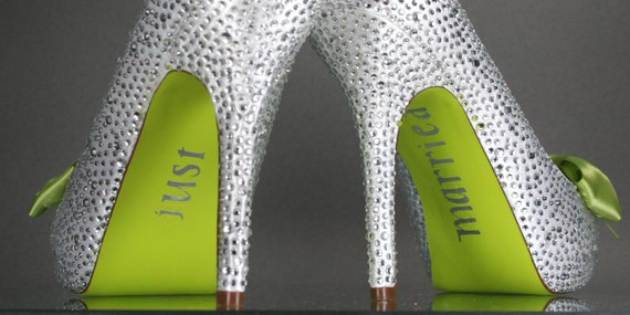 Wedding Shoes -- Silver Rhinestone Covered Platform Peep Toe Wedding Shoes with Lime Green Bow and Painted Sole