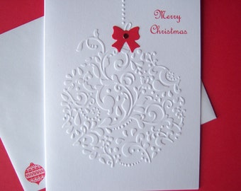 Set of 10 Embossed Single Ornament with Red Bow Christmas Cards