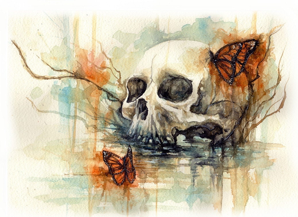 frame 9x12 size butterfly in skull and 23x31cm 9x12 WATERCOLOR