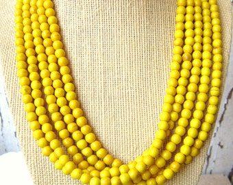 Yellow Turquoise Statement Necklace. Multi Strand Yellow Turquoise Necklace. Yellow Beadwork Necklace. Yellow Jewelry. Bridesmaid Jewelry
