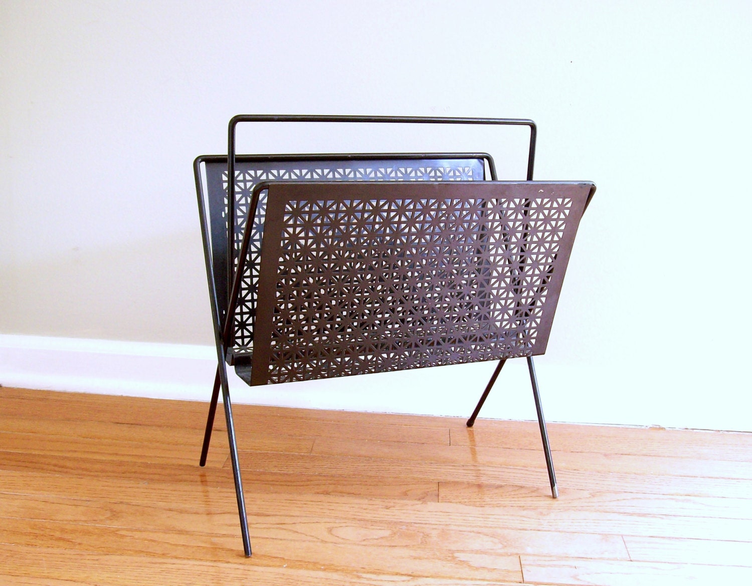 Mid Century Magazine Rack Black Metal Retro 1950s by tatterandfray