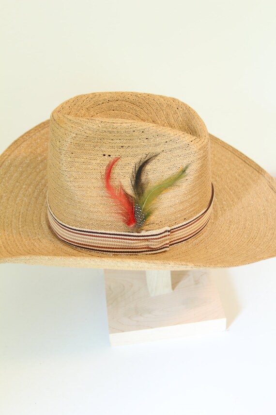 Vintage Straw Woven Cowboy Hat with Feather by foundundertheeaves