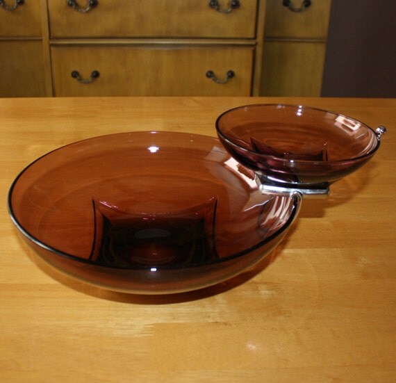 Vintage Modern Glass Chip and Dip Set Eggplant Colored