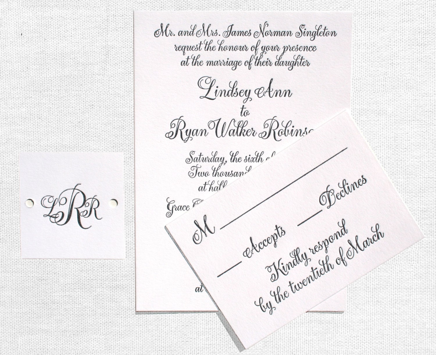 Classic and Modern Calligraphy Letterpress Invitation, Black and White