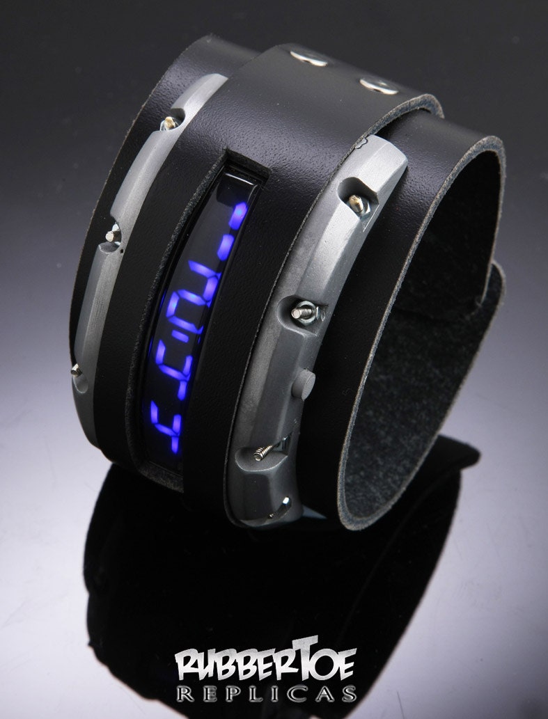 Fully Functioning Sci-fi Steampunk Watch - Black and silver with linear blue LED watch.