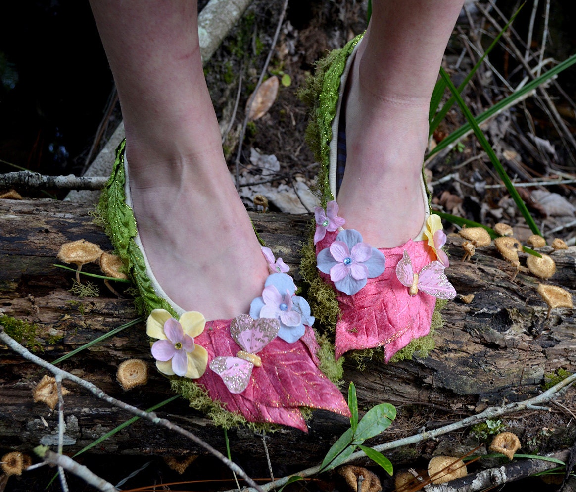 Fairy shoes pink and green leaf and floral by Frecklesfairychest